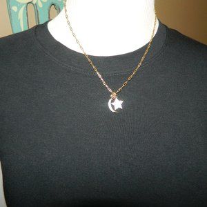 Cresent Moon & Stars with Rhinestone Goldtone Necklace